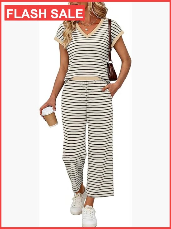 Pants - Lightweight Lounge Set, V-Neck Top & Wide Leg Pants, Size Large, Travel Outfit